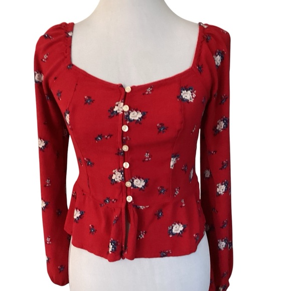Hollister Red Viscose Floral Peasant Peplum Blouse size S - Picture 1 of 5